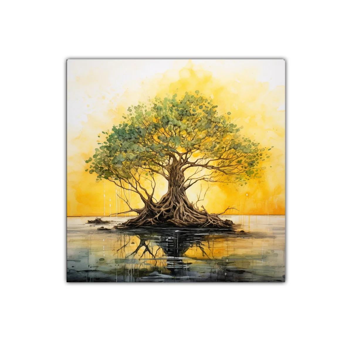 Árbol reflejado en agua con tonos dorados y verdes — imagen principal