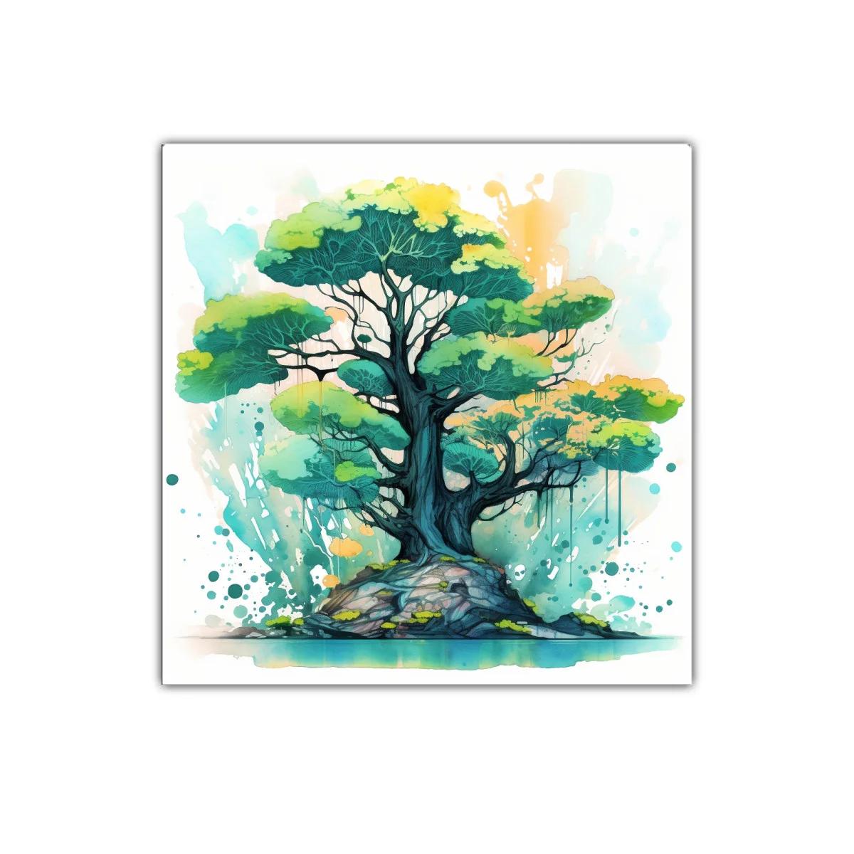 Cuadro decorativo árbol sobre rocas en tonos verdes y azules