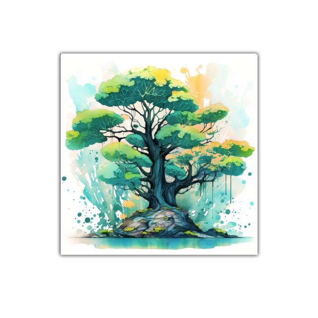 Cuadro decorativo árbol sobre rocas en tonos verdes y azules