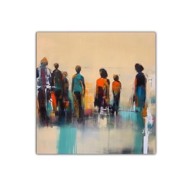 Cuadro abstracto con figuras humanas y colores vibrantes