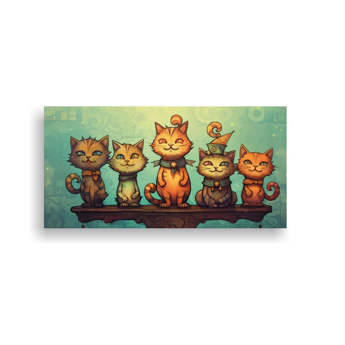 Cuadro cinco gatos naranjas en repisa tallada