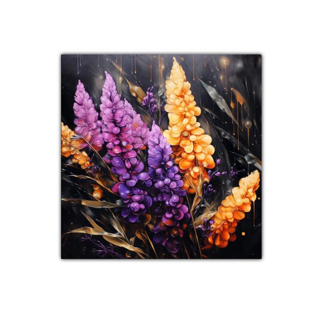 Cuadro decorativo de flores vibrantes en tonos morado y naranja