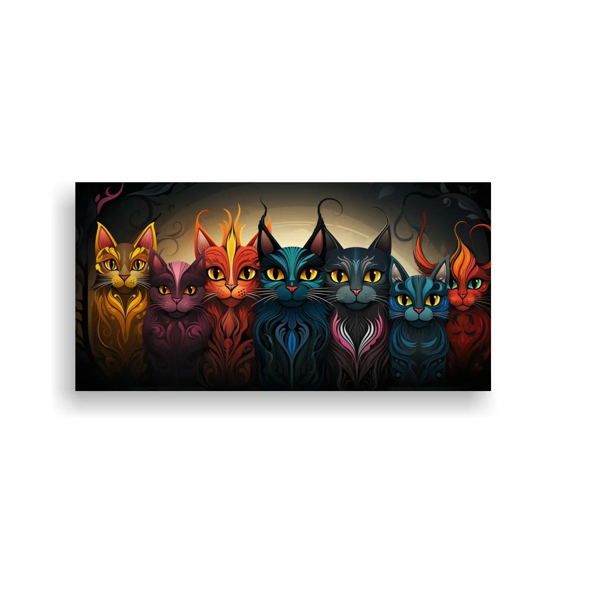 Cuadro grupo de gatos de colores con fondo oscuro