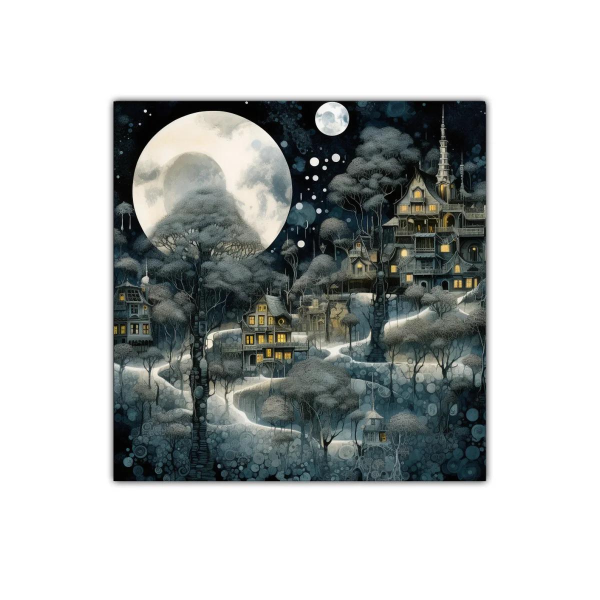 Pueblo encantado bajo la luna llena y árboles del bosque — imagen principal