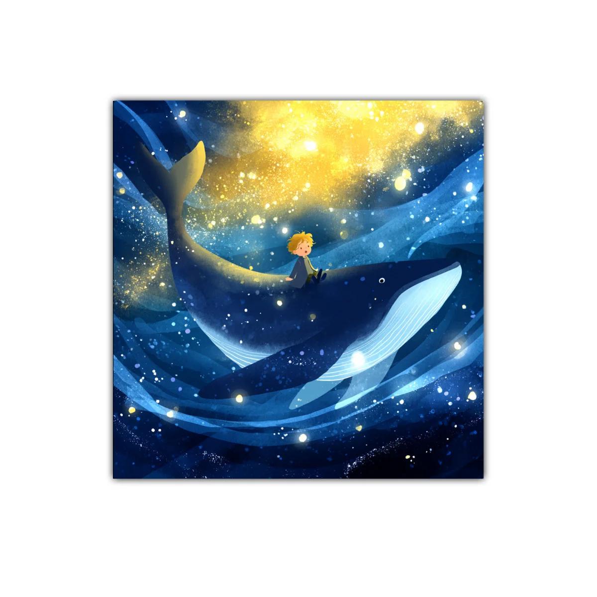 Niño viajando sobre ballena en un mar estrellado — imagen principal