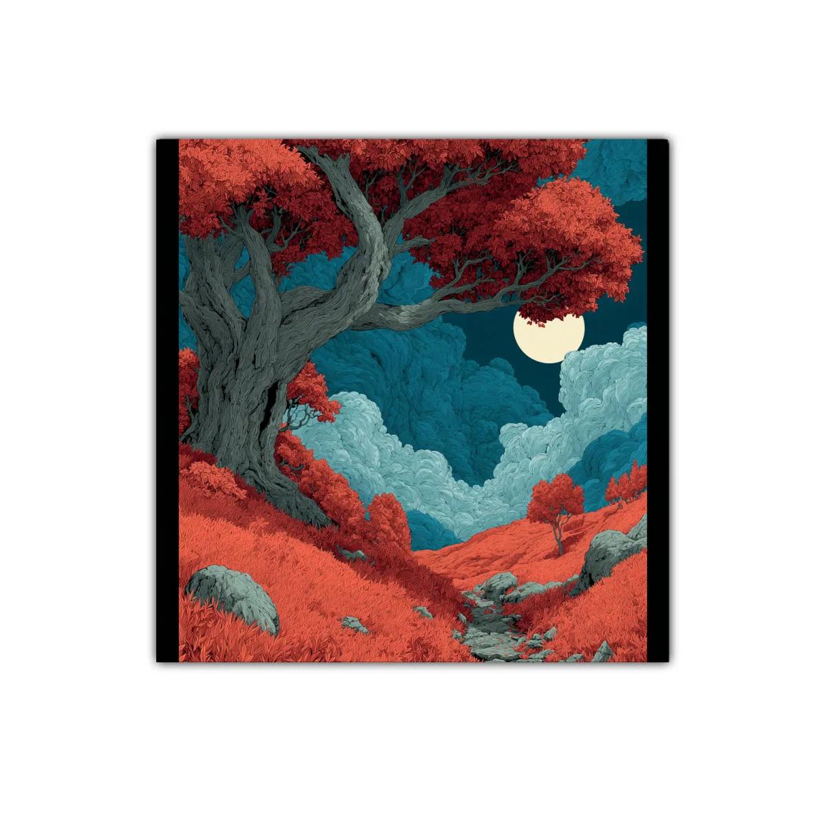 Paisaje mágico con árbol rojo y luna llena brillante — imagen principal