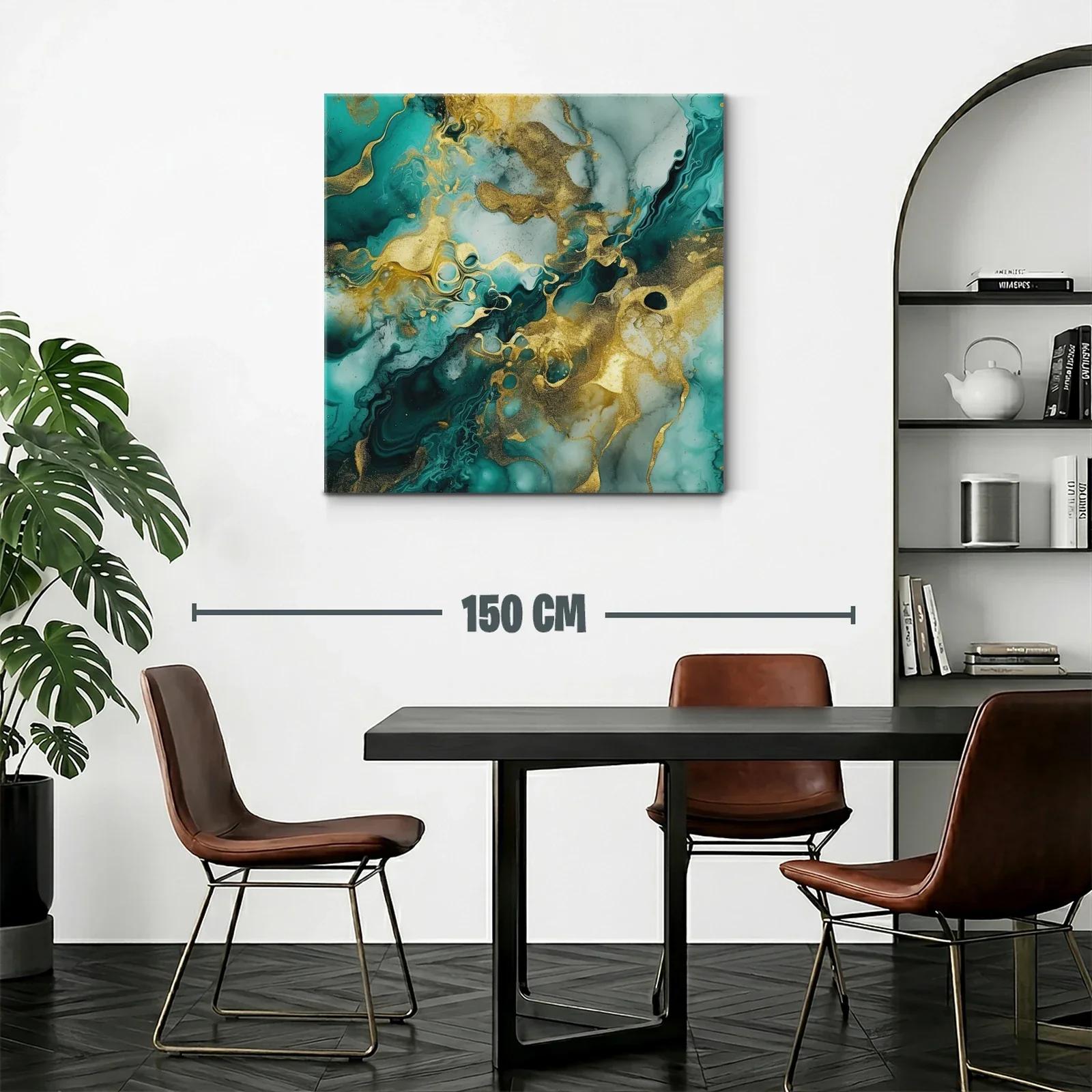 Cuadro abstracto con dorado y tonos verdes marinos vibrantes — miniatura 2