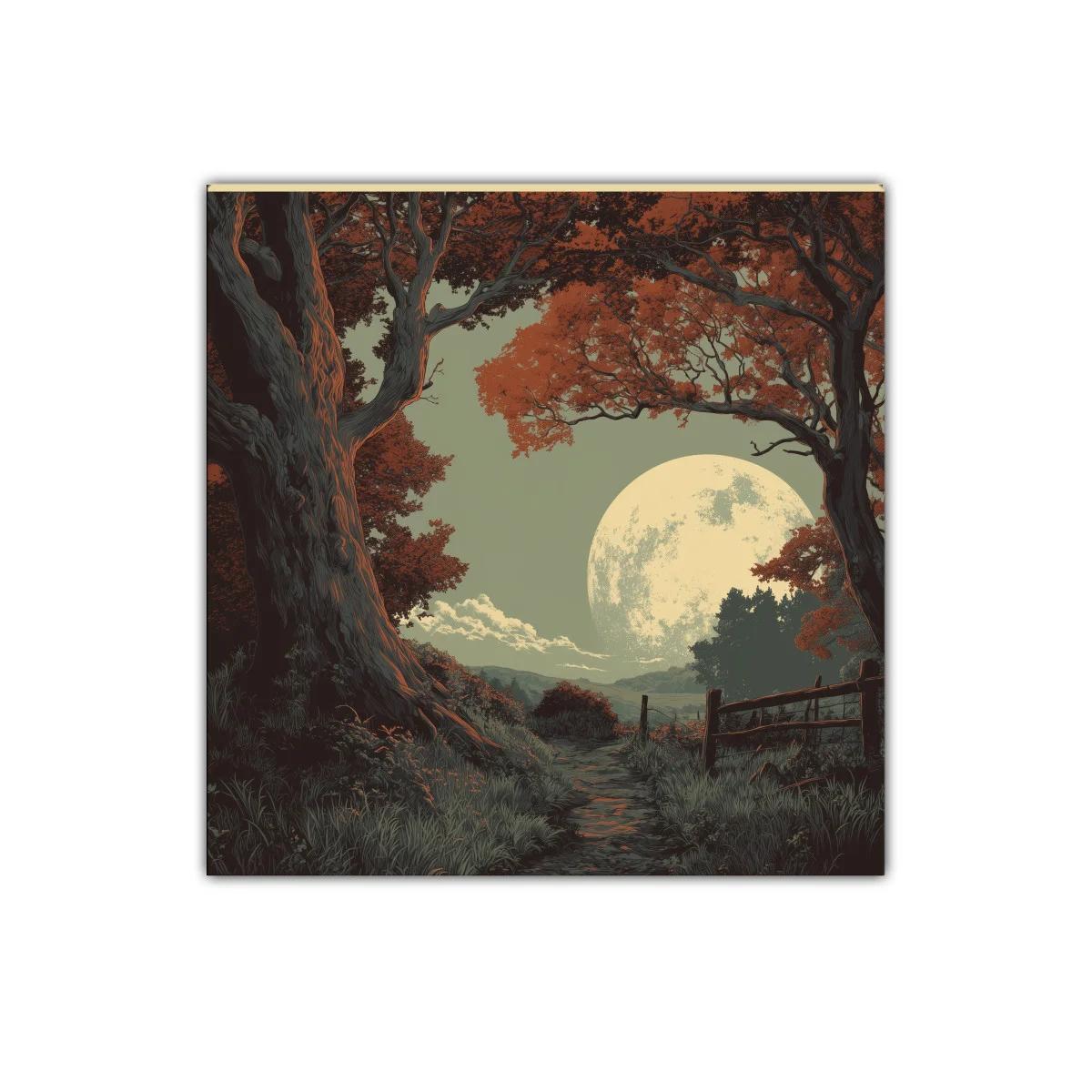 Camino nocturno iluminado por luna llena y árboles rojizos — imagen principal