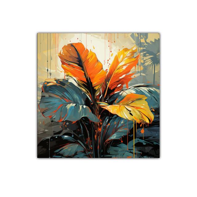 Cuadro decorativo con hojas vibrantes en tonos naranja y azul