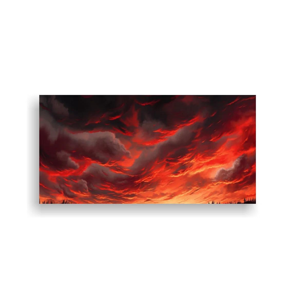 Cuadro cielo de tormenta rojo con bosque en silueta