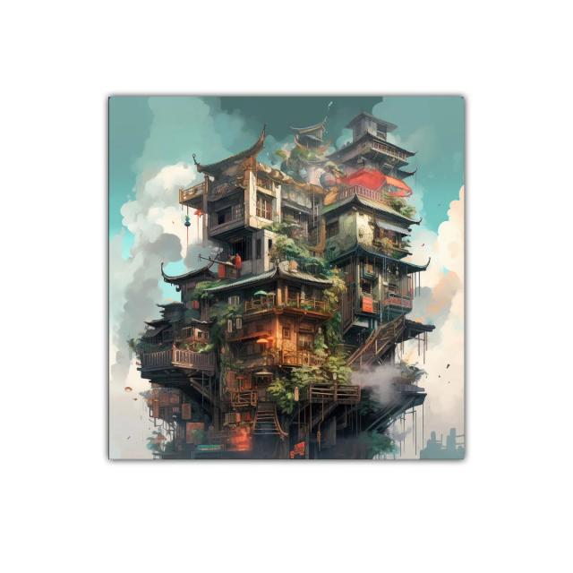 Impresionante arquitectura asiática entre nubes y plantas verdes