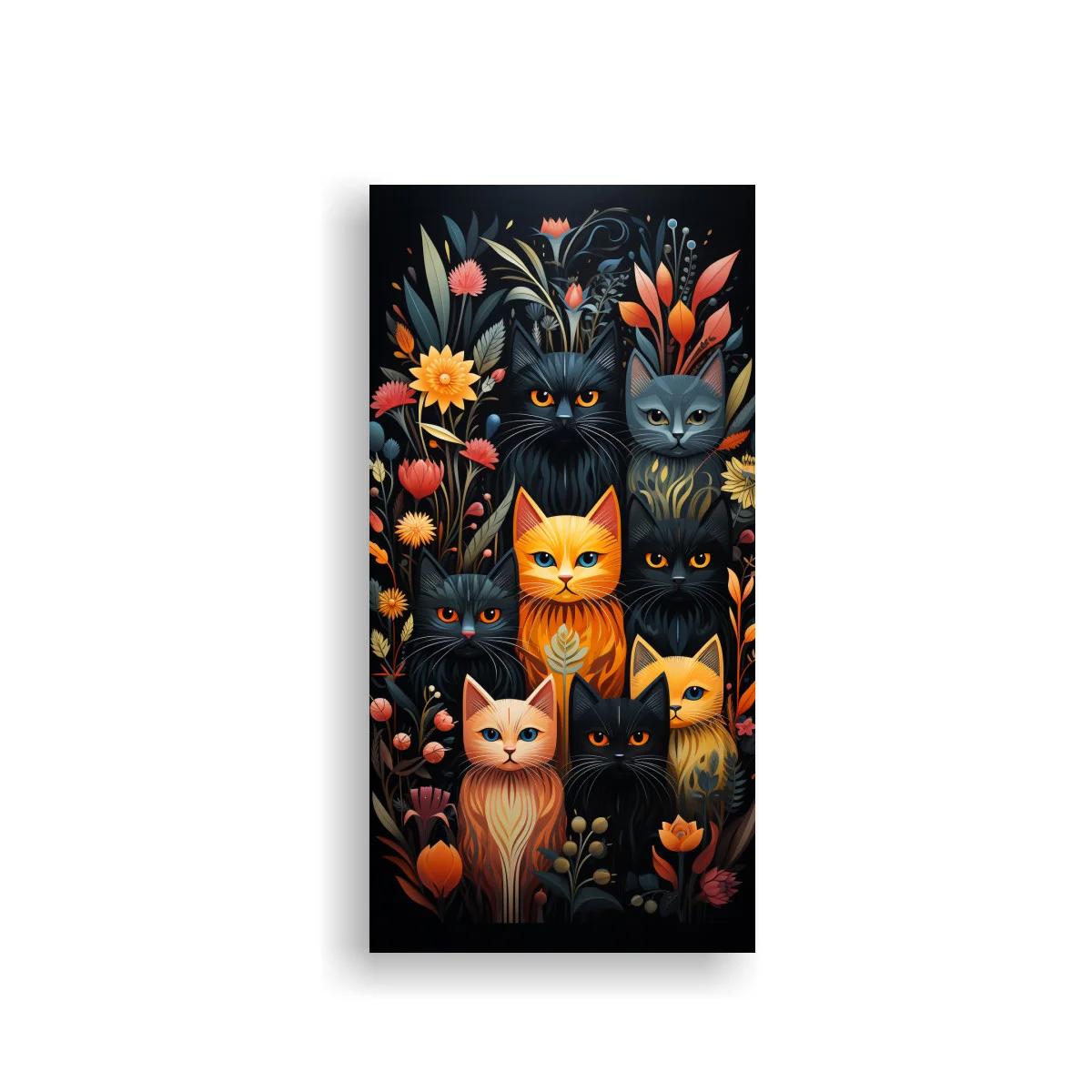 Cuadro grupo de gatos entre capullos y follaje oscuro — imagen principal
