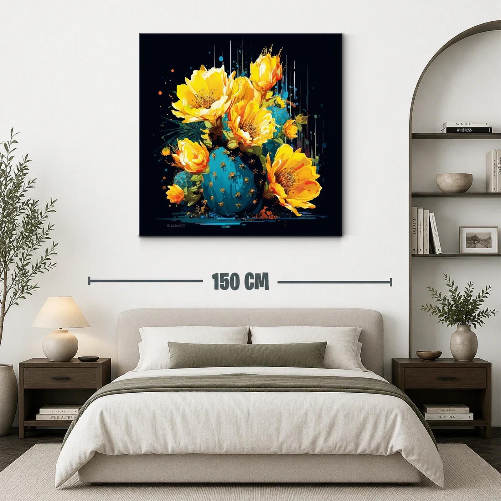 Cuadro moderno con flores amarillas y cactus azul vibrante — miniatura 3