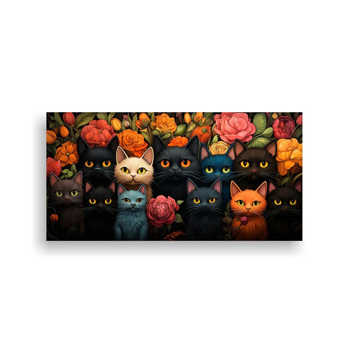 Cuadro grupo de gatos entre flores sobre fondo oscuro