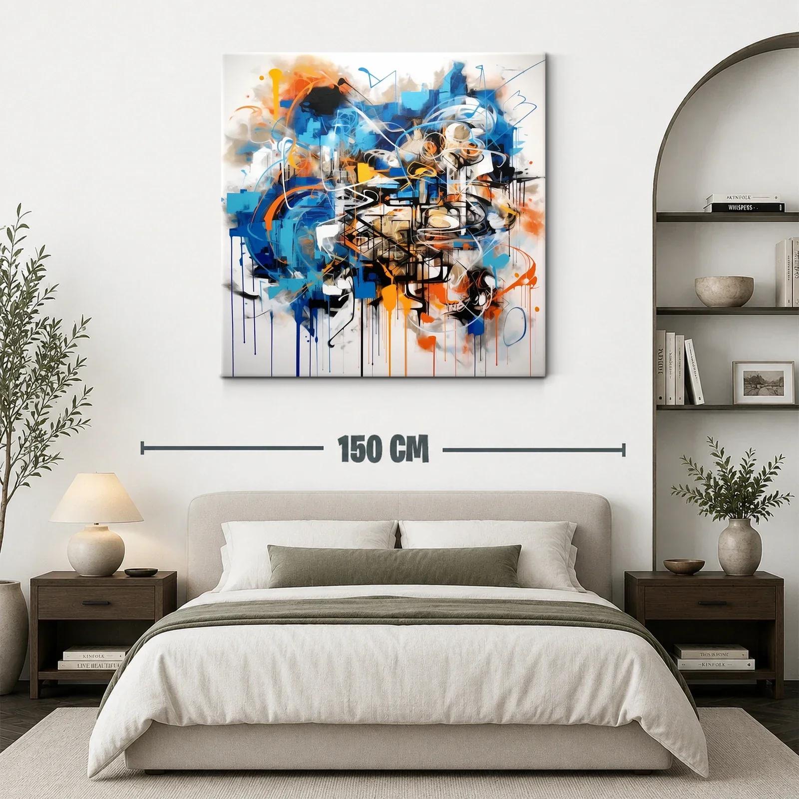 Cuadro Abstracto con Dinámicos Trazos en Azul y Naranja — miniatura 3