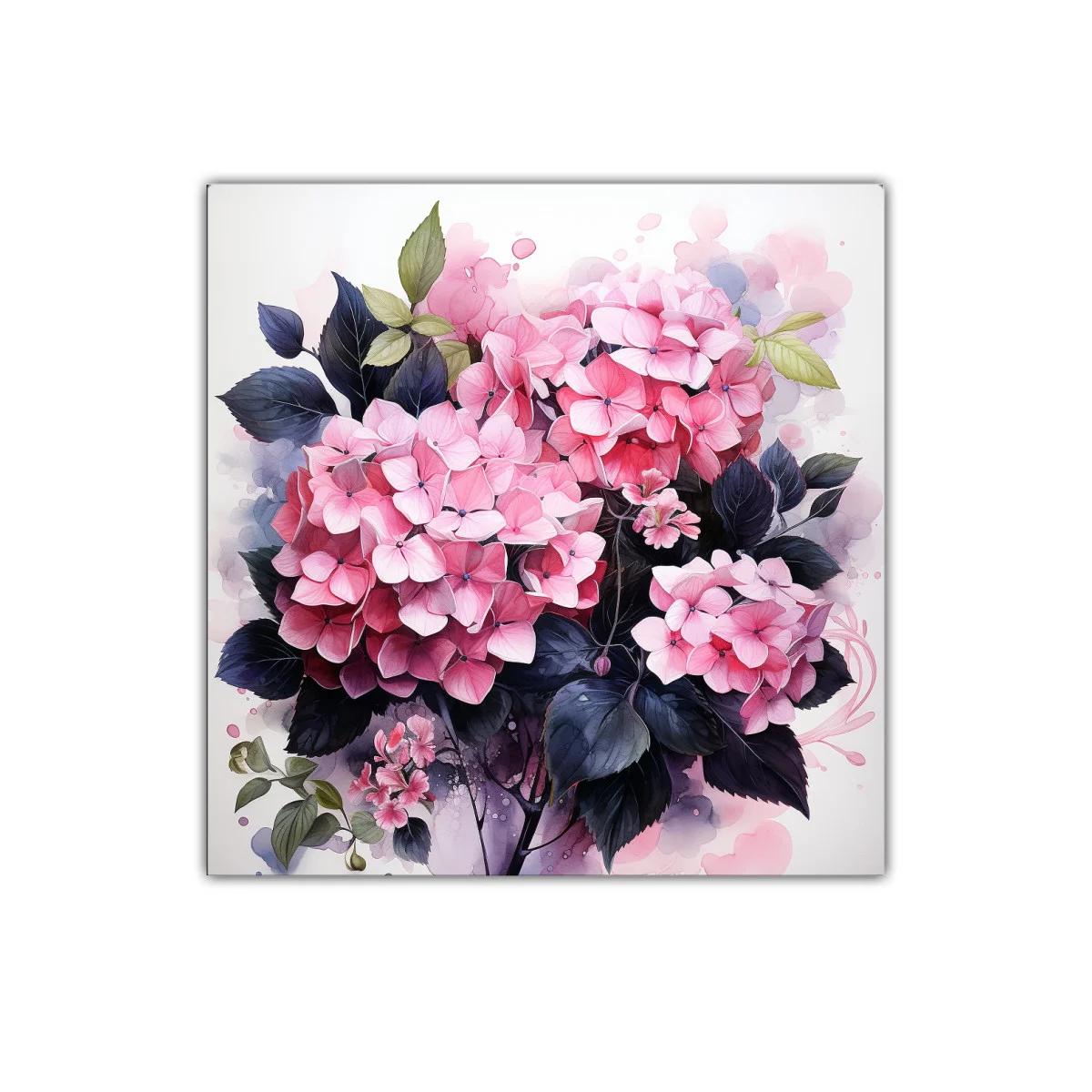 Cuadro decorativo con ramo de hortensias rosas vibrantes