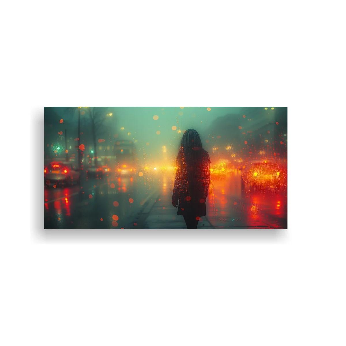 Cuadro silueta femenina bajo la lluvia con luces bokeh