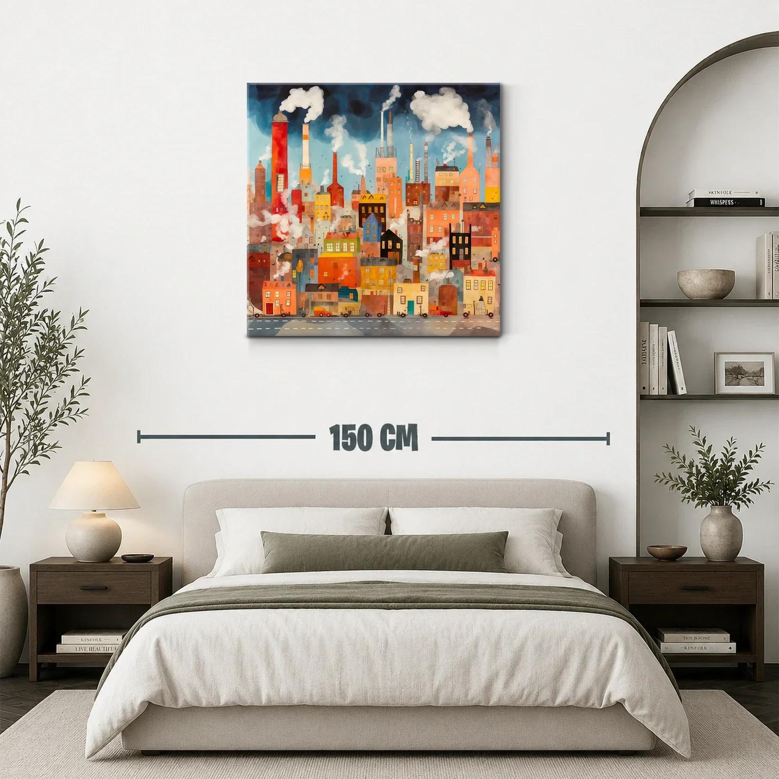 Ciudad industrial con chimeneas y humo en tonos cálidos — miniatura 3