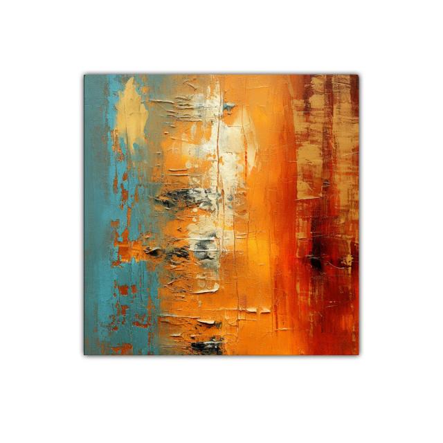 Cuadro abstracto con tonos cálidos y azul vibrante