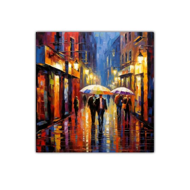 Calle lluviosa con paraguas en tonos cálidos y vibrantes