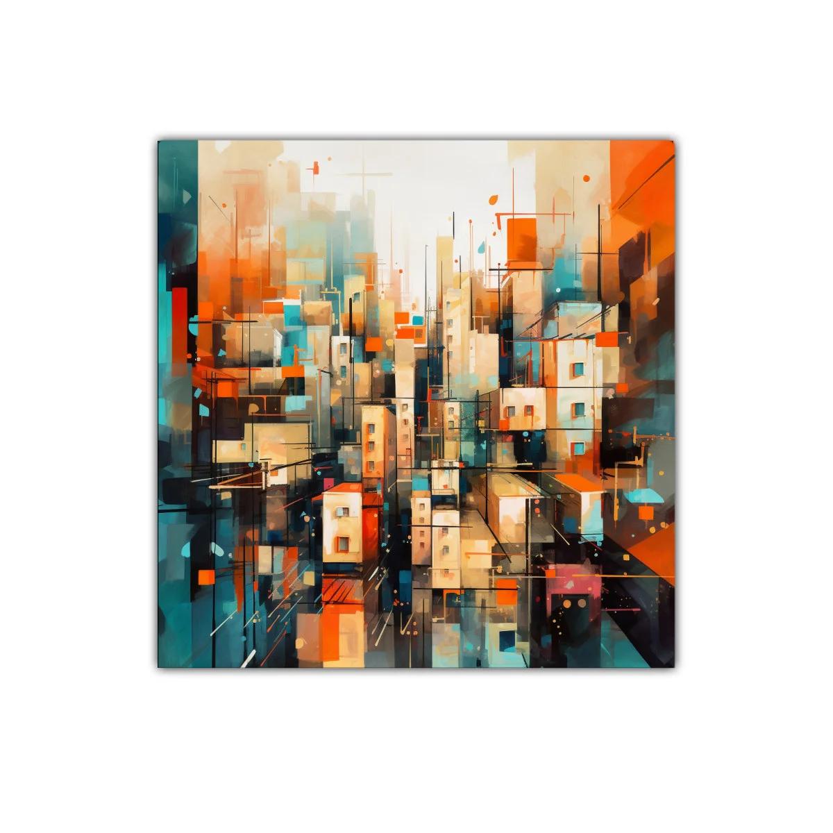 Cuadro urbano abstracto con colores cálidos y fríos vibrantes