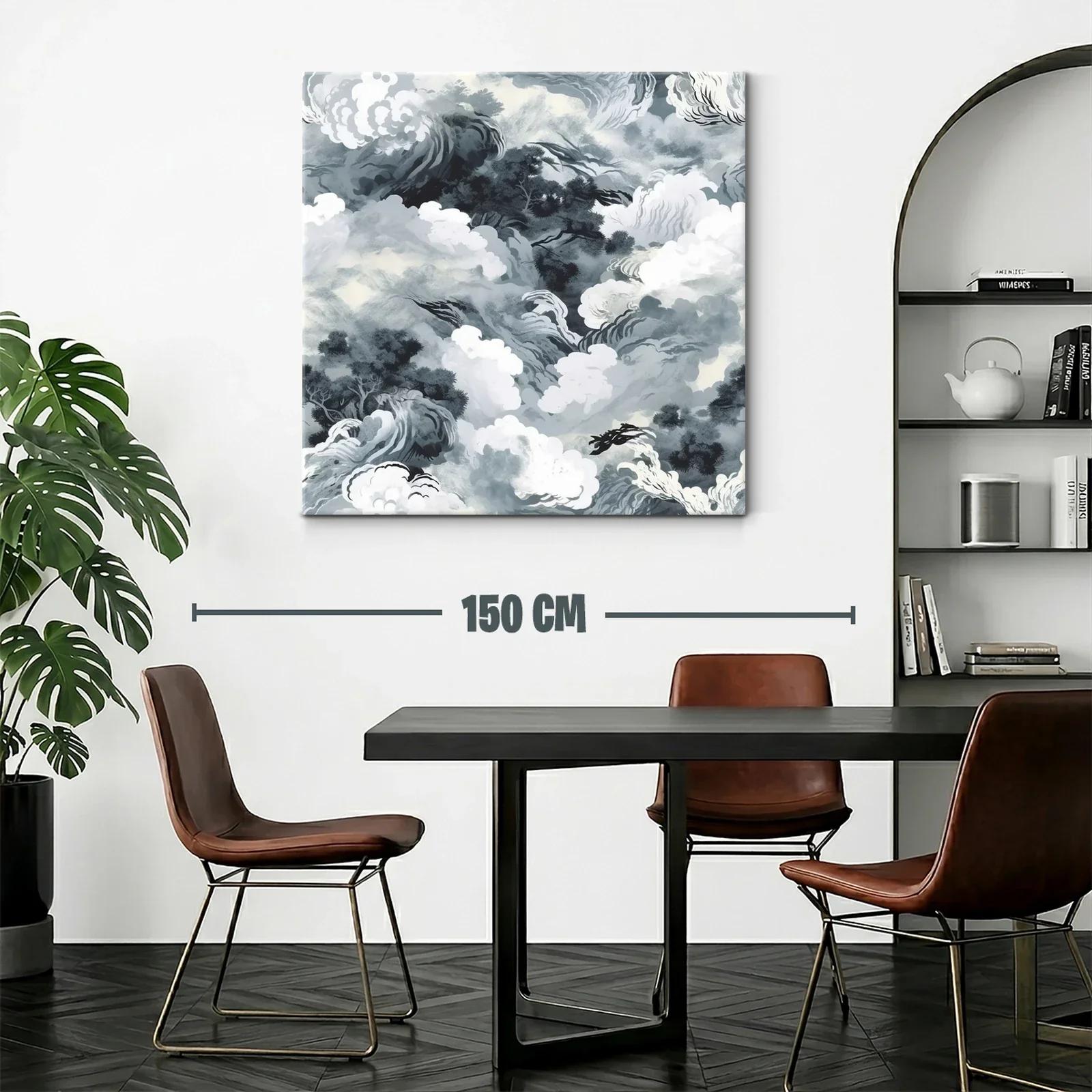 Cuadro abstracto con formas de nubes y árboles en tonos grises — miniatura 2