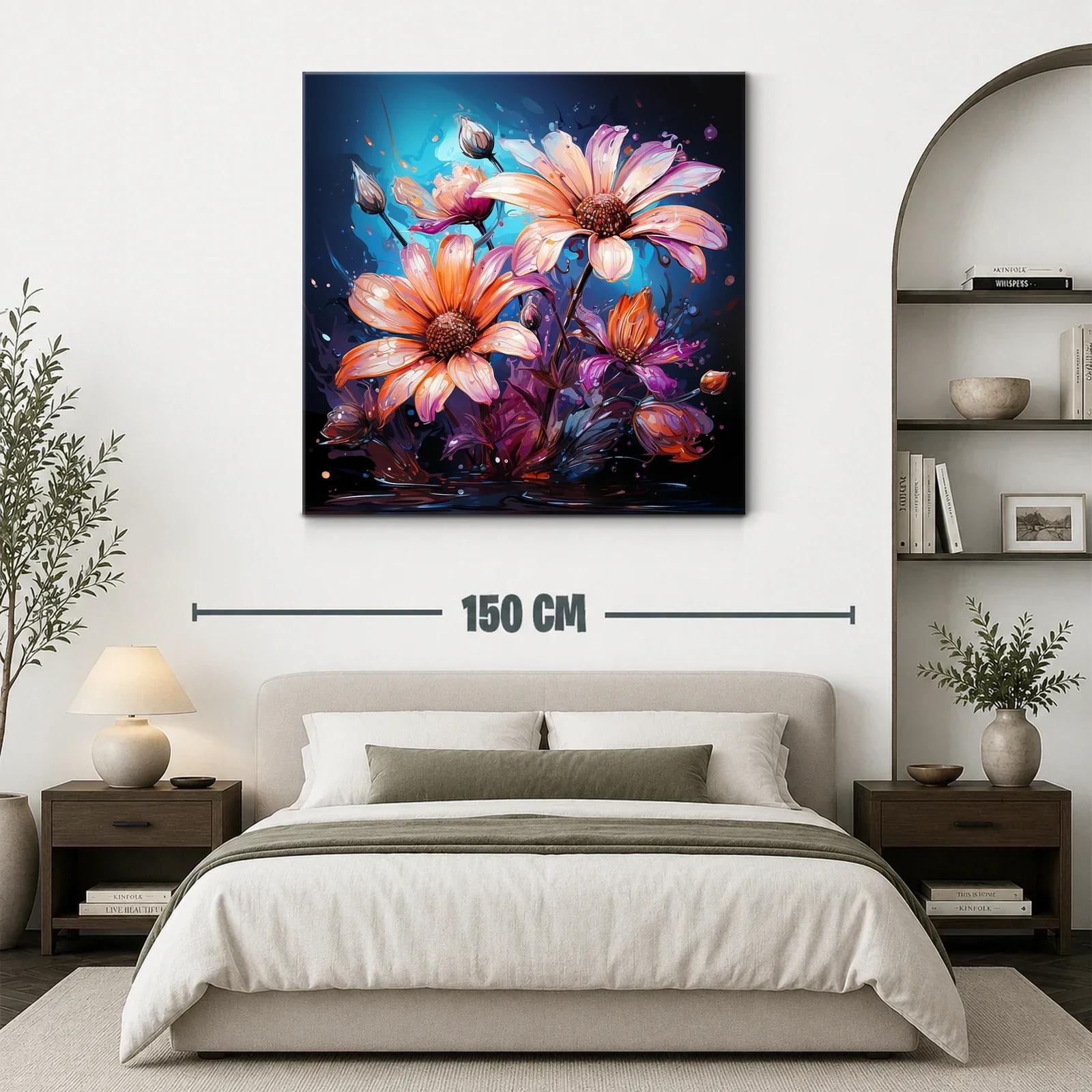 Cuadro con flores vibrantes en tonos cálidos y fondo azul — miniatura 3