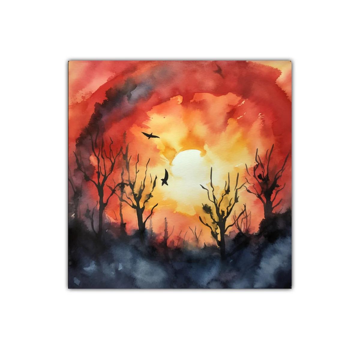 Atardecer vibrante con siluetas de árboles y aves en vuelo — imagen principal