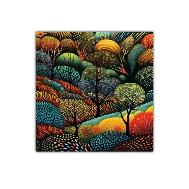 Paisaje abstracto vibrante con árboles y montañas coloridas