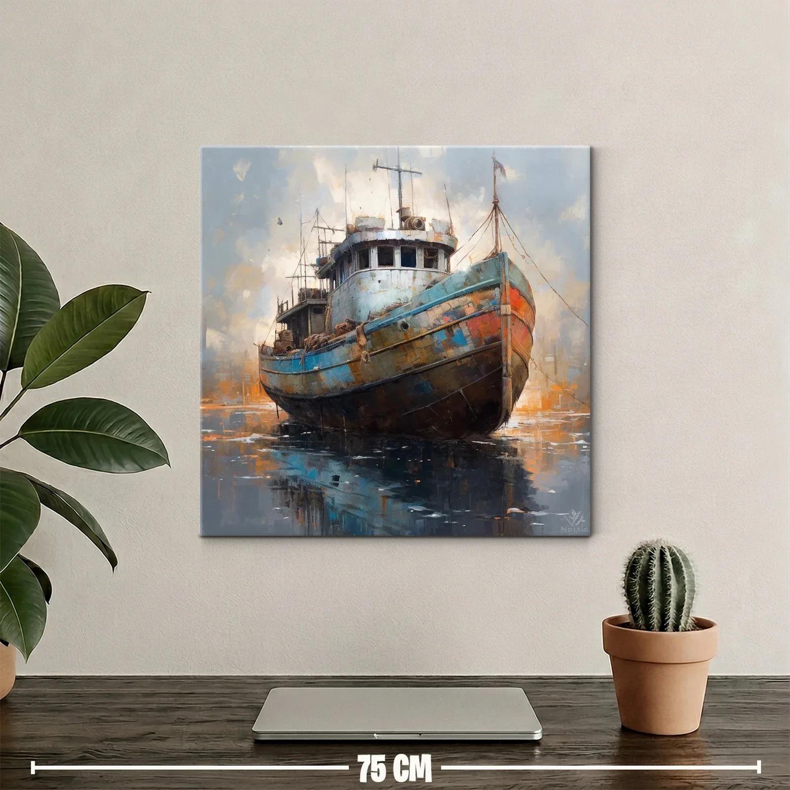 Barco pesquero antiguo en puerto con reflejos vibrantes — miniatura 2