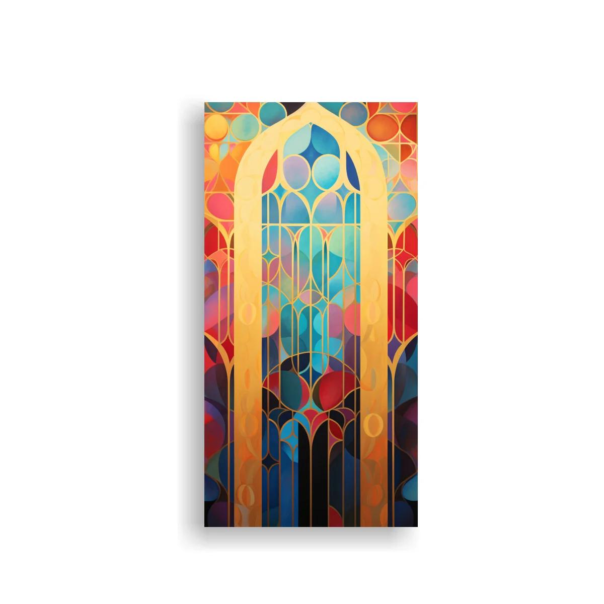Cuadro ventana de iglesia gótica con vitrales dorados