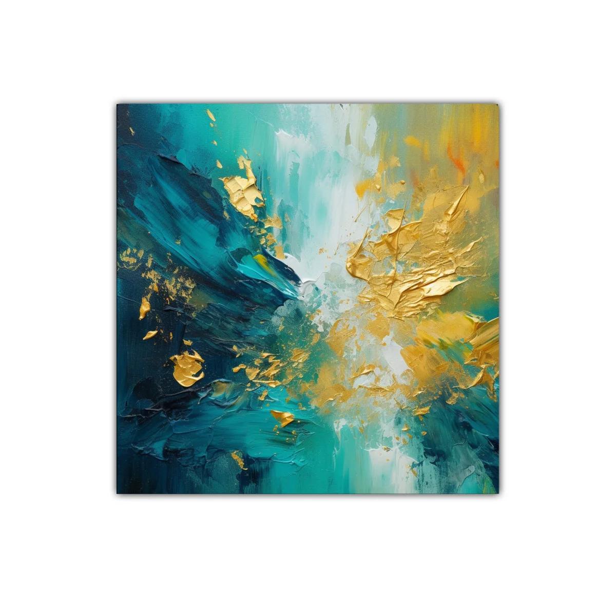 Cuadro abstracto en tonos turquesa con detalles dorados