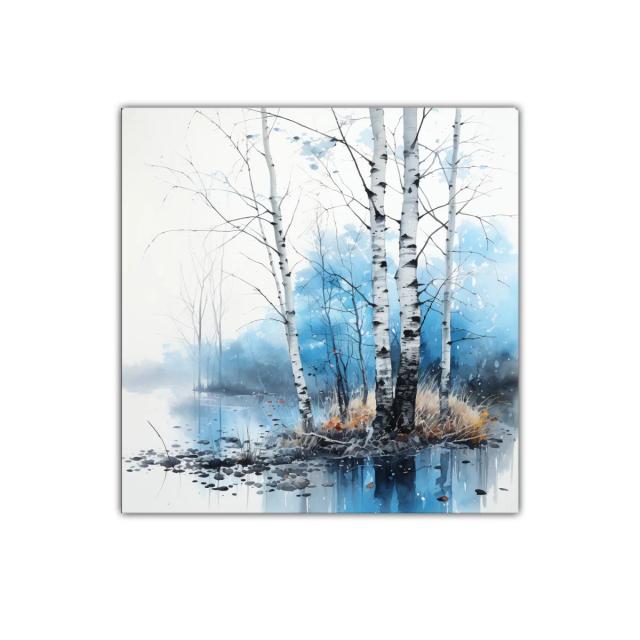 Tranquilidad junto al lago con abedules en tonos azules