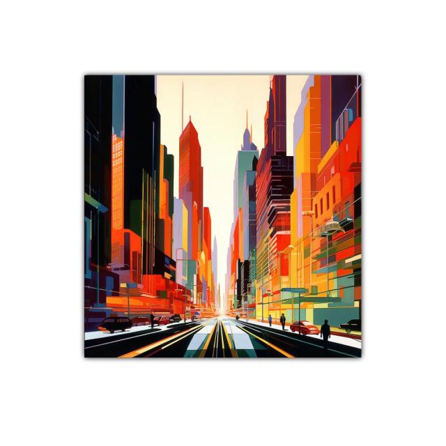 Perspectiva urbana con colores vibrantes al amanecer