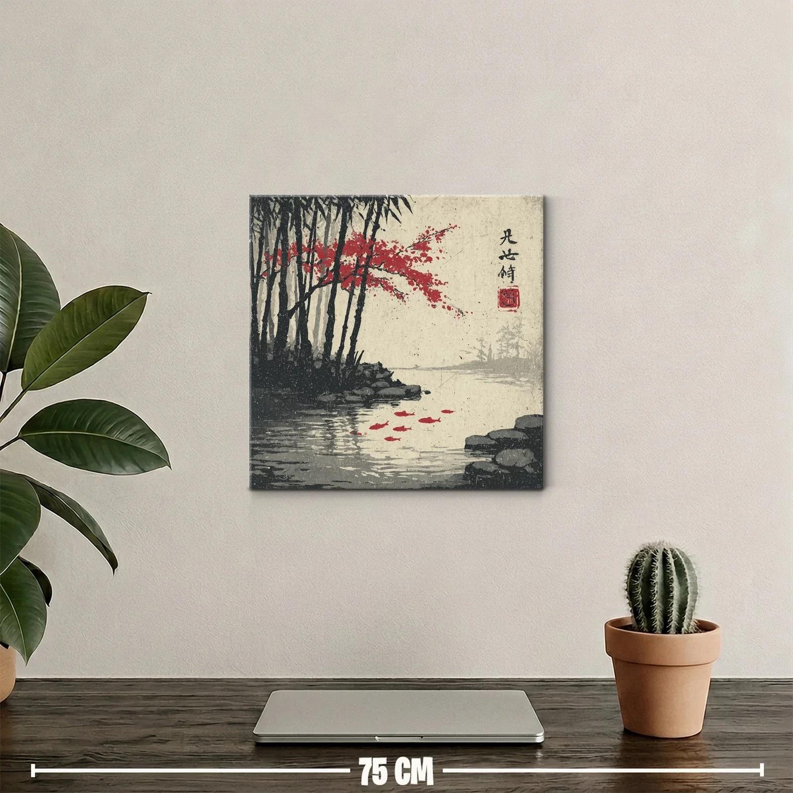 Paisaje sereno con árboles y peces rojos en agua tranquila — miniatura 2