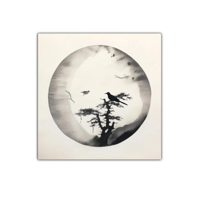 Cuadro contemplativo con aves y naturaleza en tonos monocromáticos