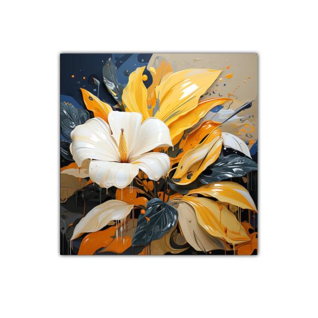 Flor luminosa con hojas vibrantes en tonos dorados y azul oscuro