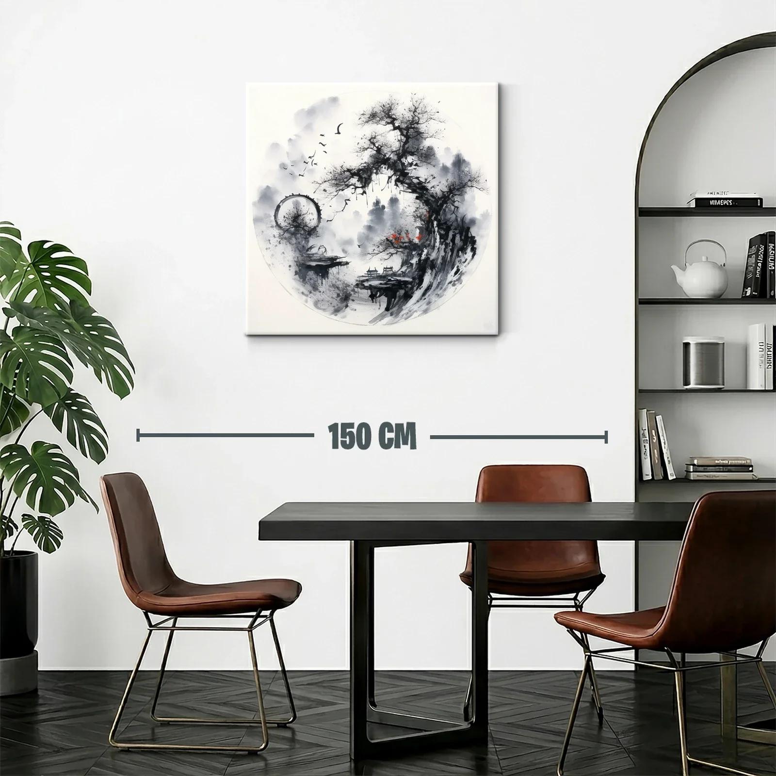 Paisaje asiático con árbol y aves en tonos monocromos — miniatura 2
