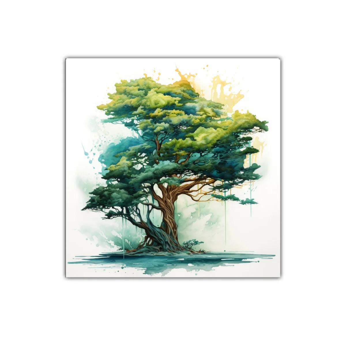 Árbol en tonos verdes con toque de acuarela y luz dorada