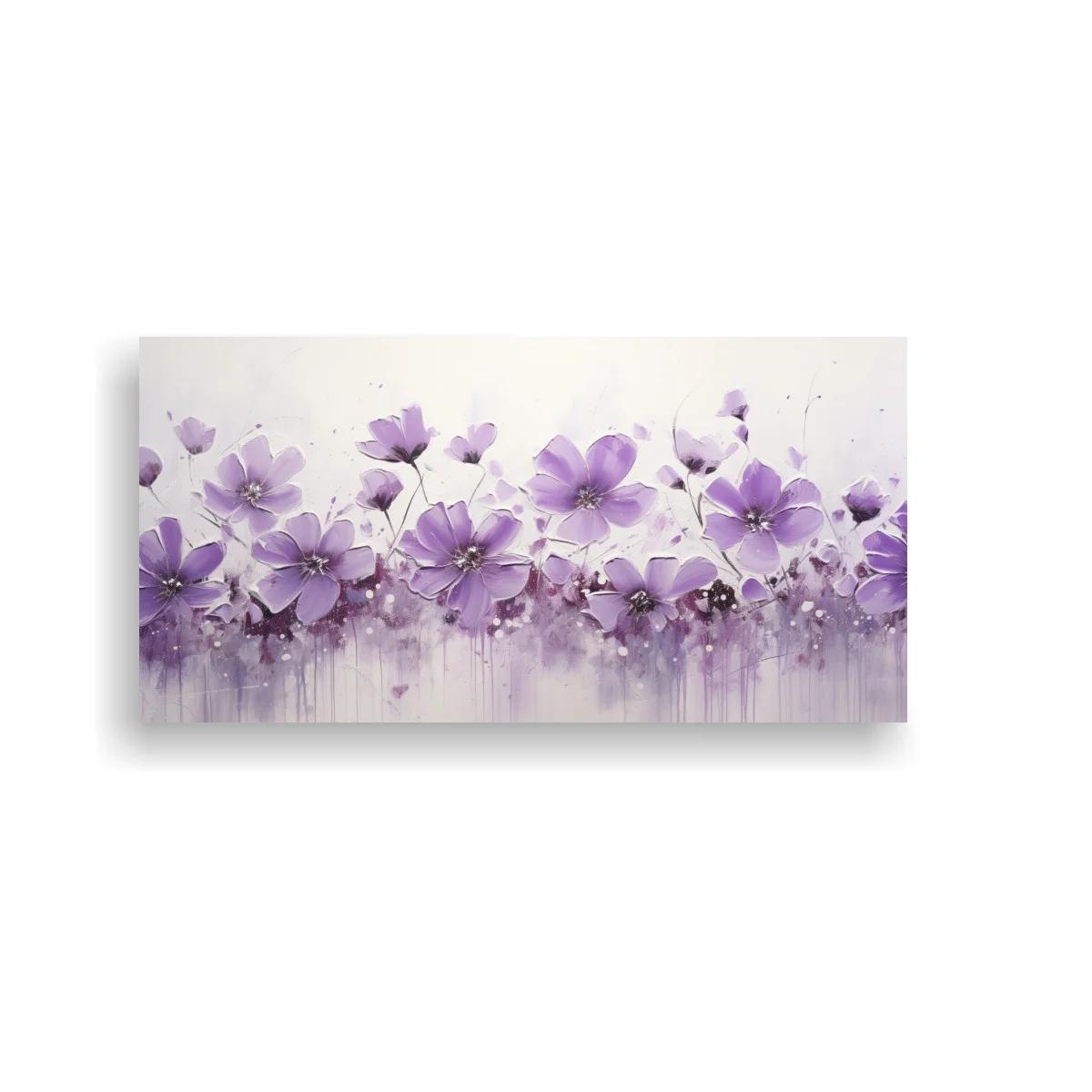 Cuadro flores moradas tipo cosmos con goteos suaves