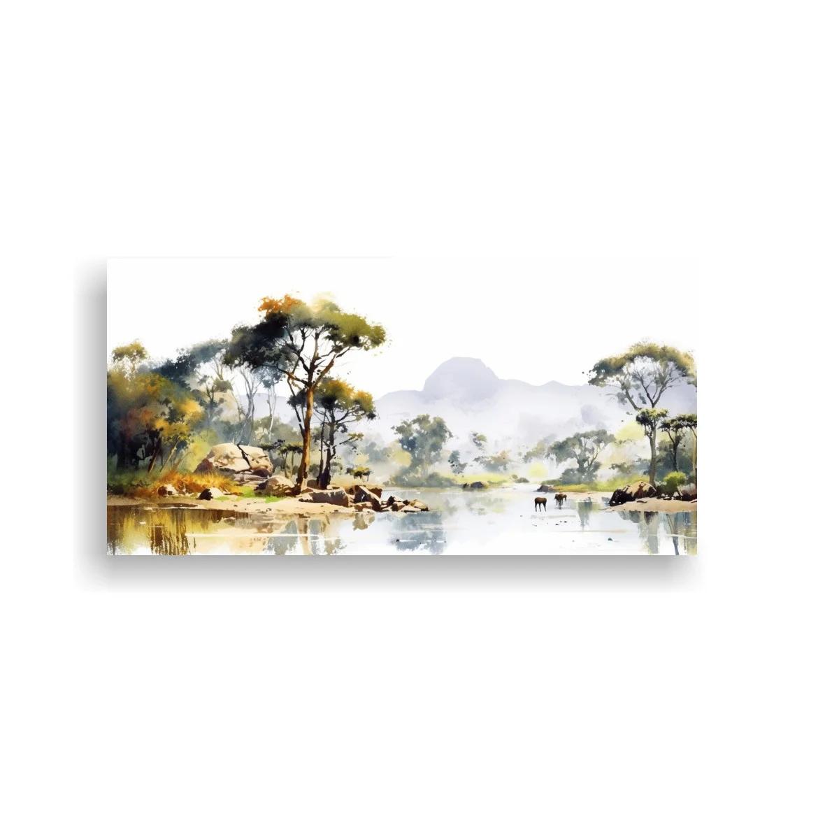 Cuadro paisaje con árboles junto al agua y reflejos suaves