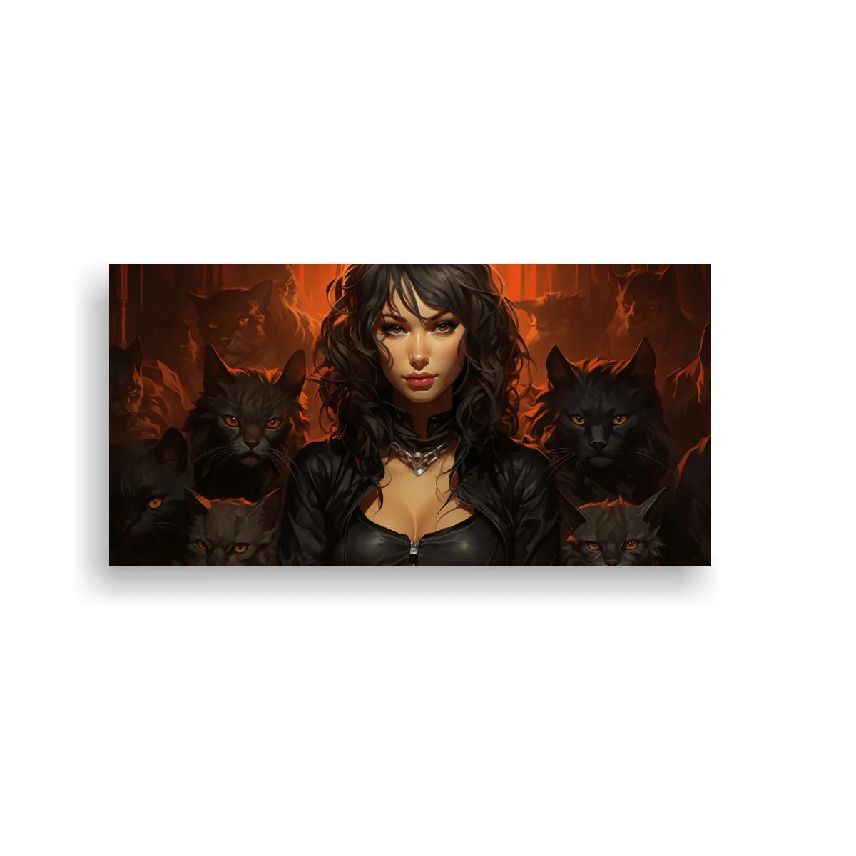Cuadro mujer de cabello oscuro rodeada de gatos negros