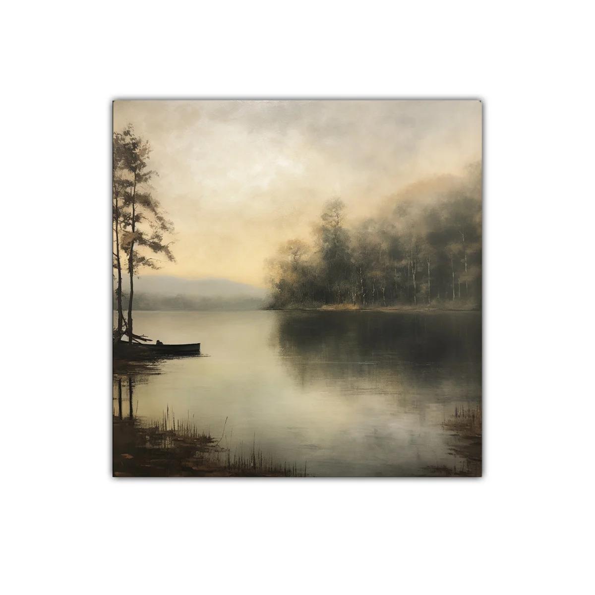 Serena vista de lago con árboles y niebla matutina — miniatura 1