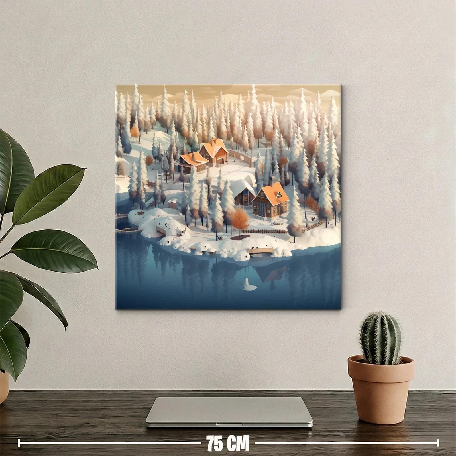 Paisaje invernal con casas acogedoras junto al lago — miniatura 2