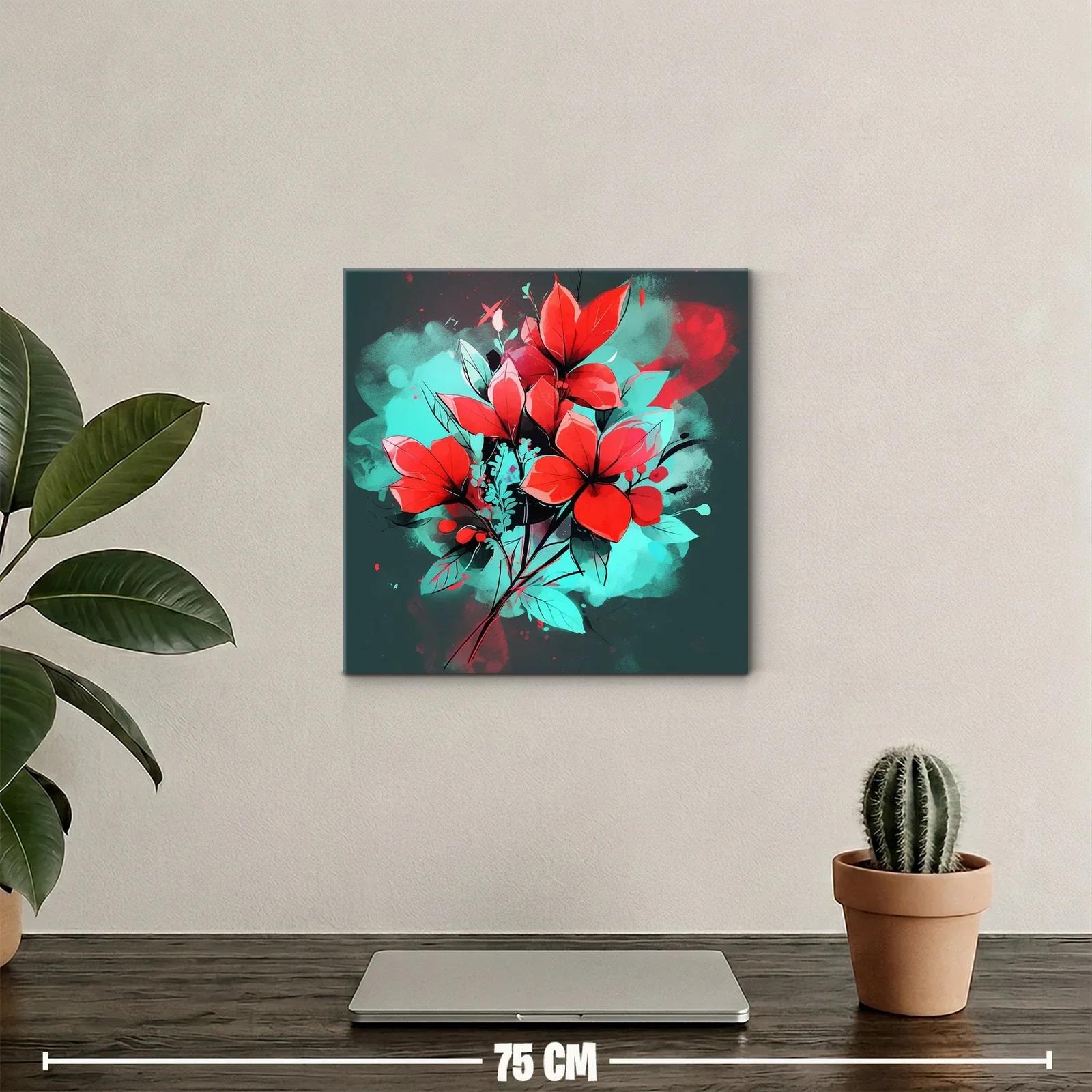 Cuadro floral vibrante con contraste rojo y turquesa — miniatura 2
