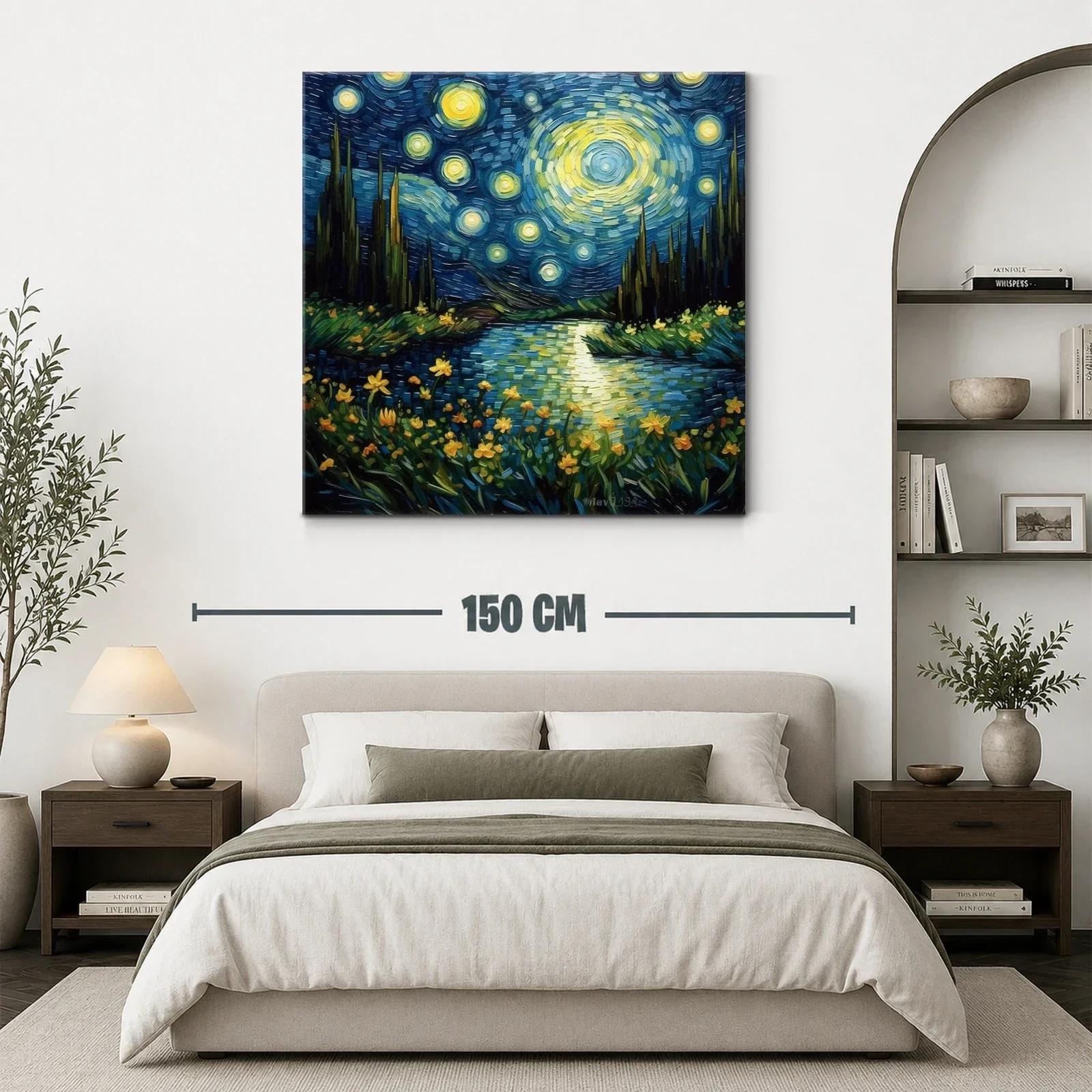 Paisaje nocturno estrellado con flores luminosas y río sereno — miniatura 3