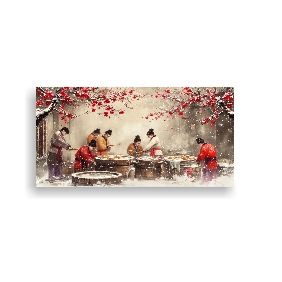Cuadro mujeres lavando ropa en patio nevado
