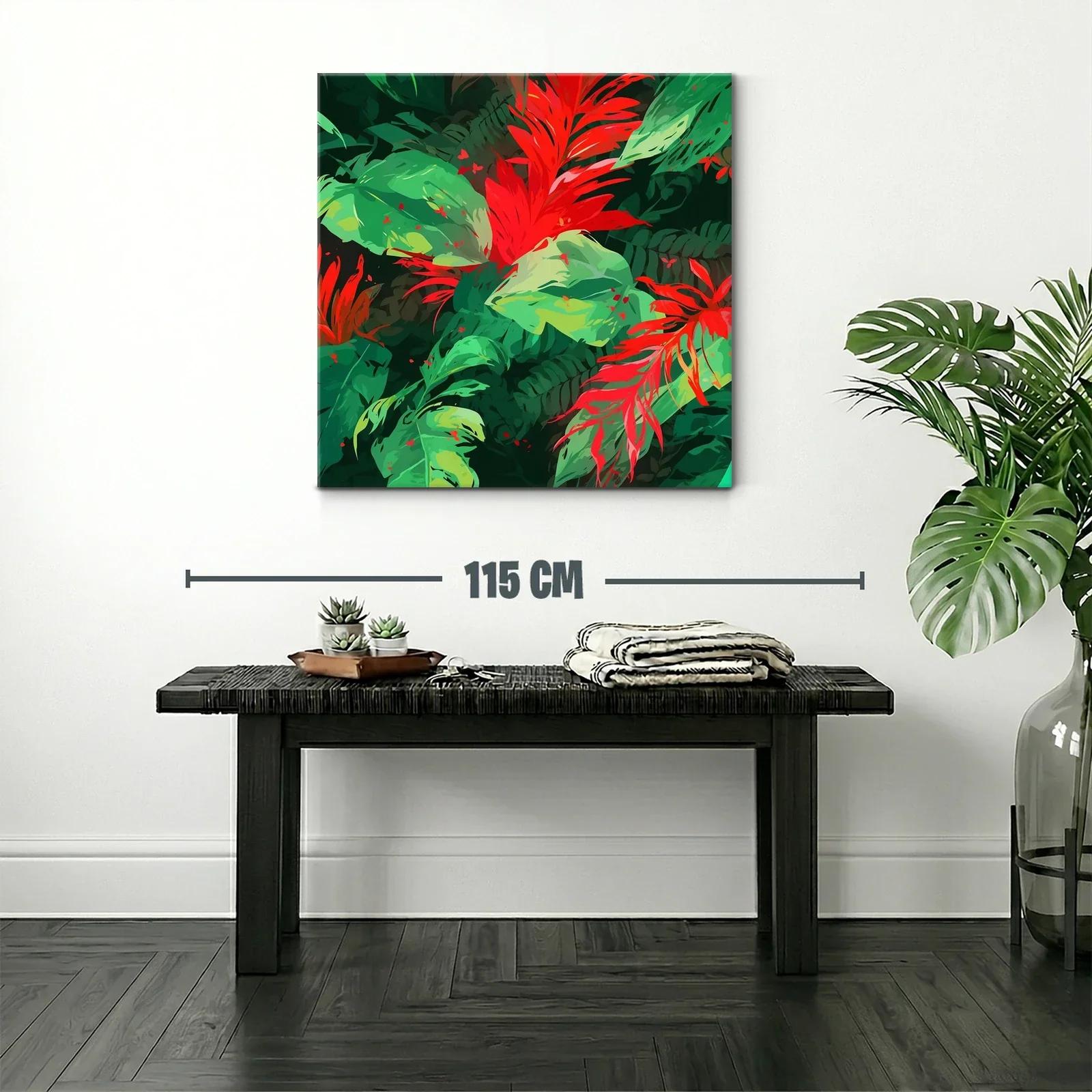 Vibrante cuadro con hojas y flores tropicales rojas y verdes — miniatura 2