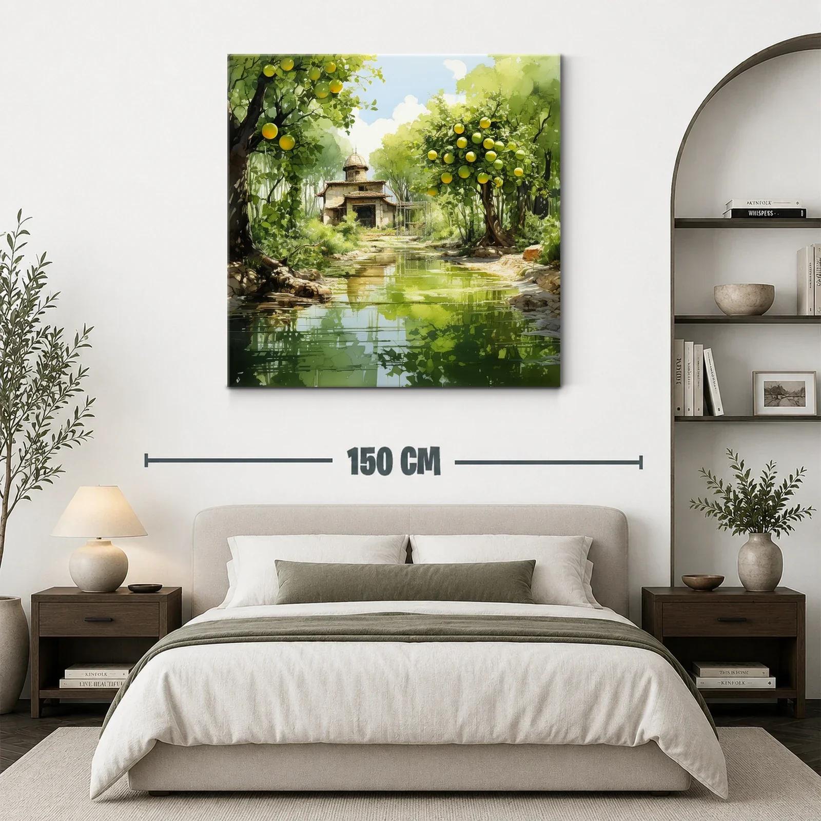 Paisaje sereno con casa y árboles frutales junto al río — miniatura 3