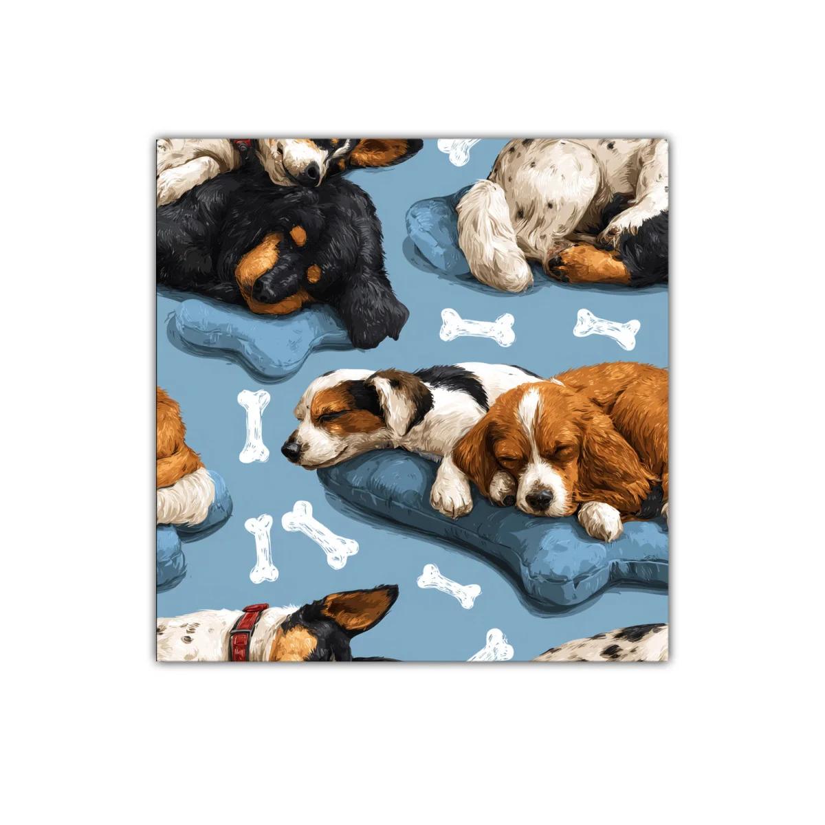 Cuadro decorativo con cachorros dormidos sobre cojines azules — imagen principal